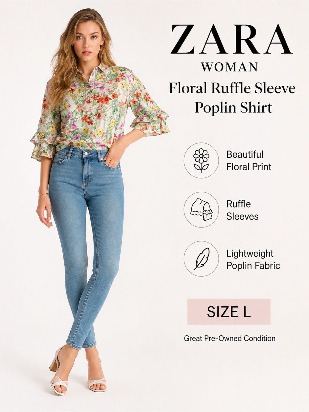 Zara Woman Floral Ruffle Sleeve Poplin Shirt L